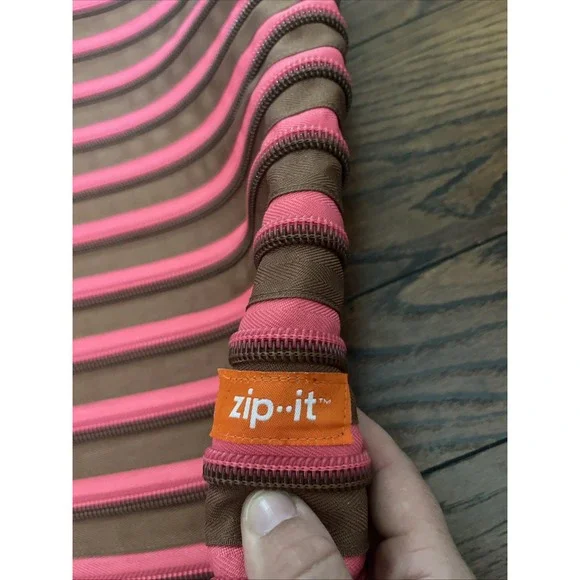 ZIP IT Tote Purse Bag One Long Zipper Handle Pink Brown Zipit‎ Zipper Satchel - Picture 2 of 7